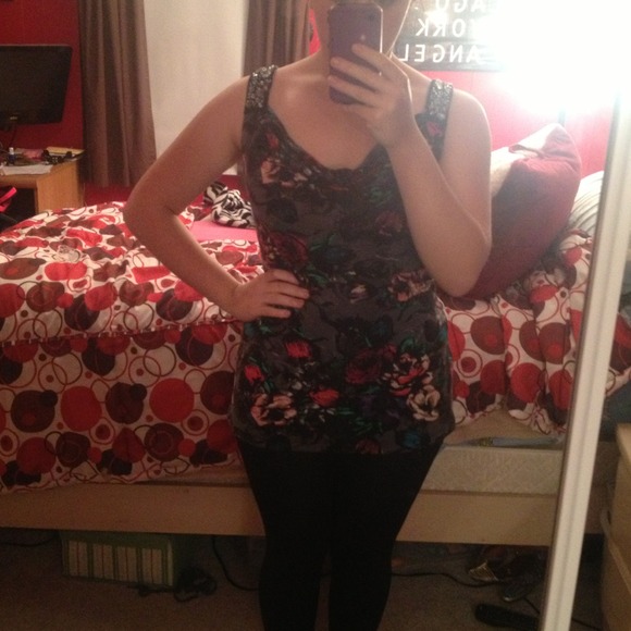 Floral print cowl neck tank with beaded straps