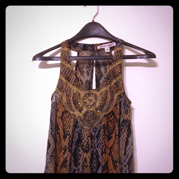 Snake print embellished chiffon top