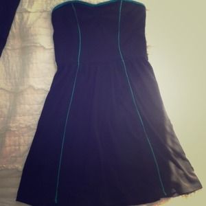 Black strapless dress with blue/greenish detail