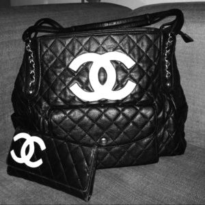 Fashion black and white quilted large bag & wallet