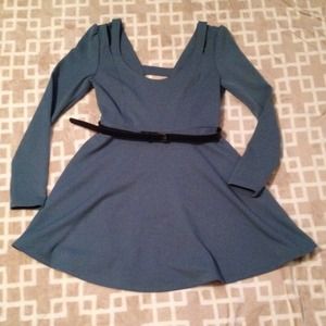 TOBI long sleeve light blue dress with brown belt