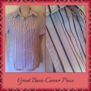 White short sleeve blouse with grey pinstripes