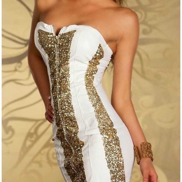 Sexy White and gold sequined zip up dress - Picture 2 of 2