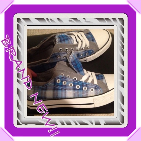 Blue plaid with grey tennis shoes