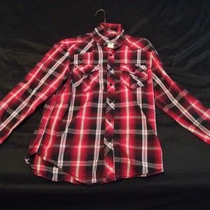 Plaid red button up shirt