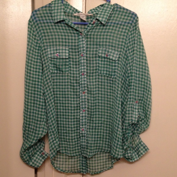 Plaid shirt with floral buttons, never worn