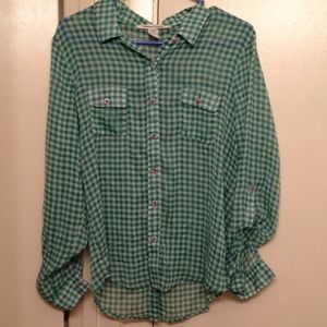 Plaid shirt with floral buttons, never worn
