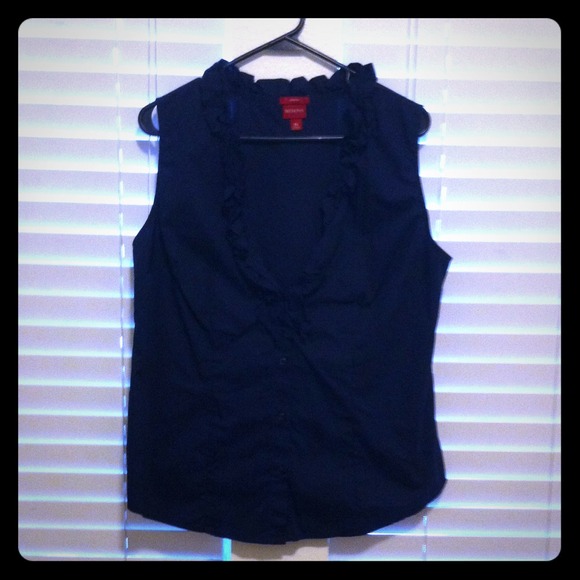 XL Navy Blue Button down Ruffle V Neck