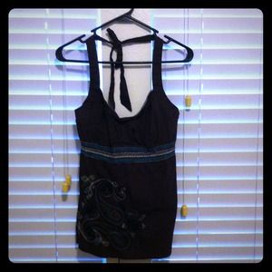 XL Brown halter with aqua embroidery