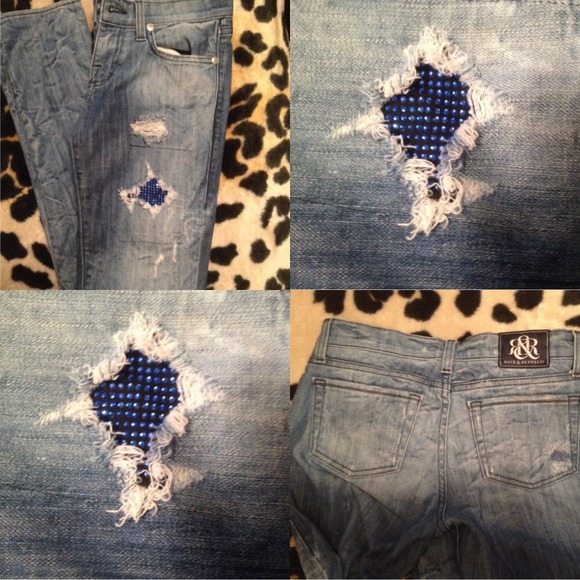 Rock & Republic Distressed Jeans w Blue Bling - Picture 2 of 4