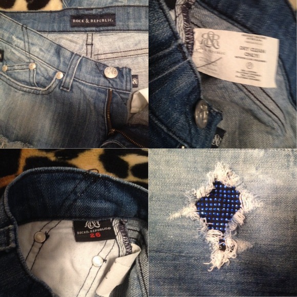 Rock & Republic Distressed Jeans w Blue Bling - Picture 3 of 4