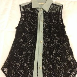 Tobi Denim Button Up Lace Top