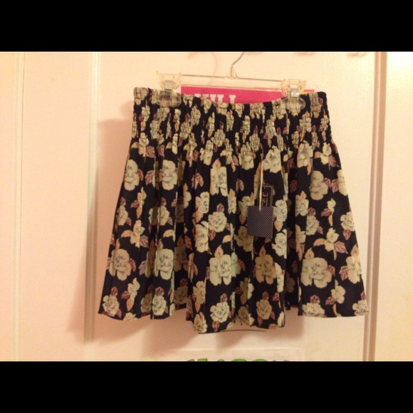Navy blue floral skirt.
