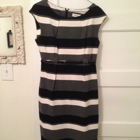 Calvin Klein striped belted knee length dress