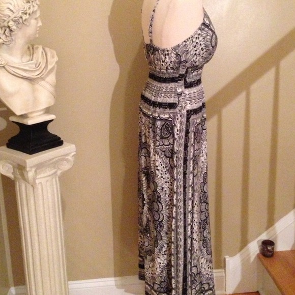 She’s Cool Boho Maxi Dress Small Blue White Print Spaghetti Strap Empire Waist - Picture 4 of 4
