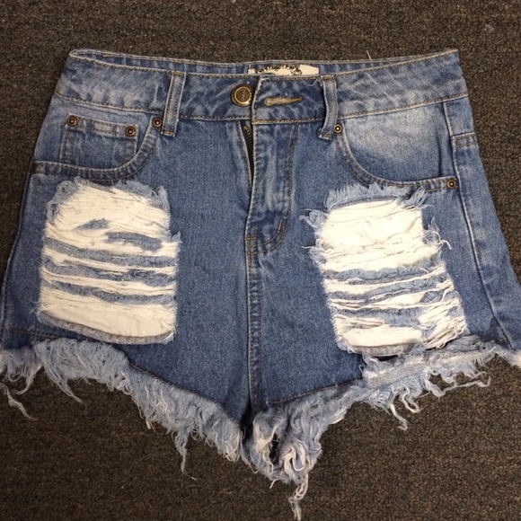 High Waisted Denim Destroyed Ripped Shorts