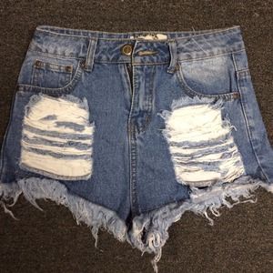 High Waisted Denim Destroyed Ripped Shorts