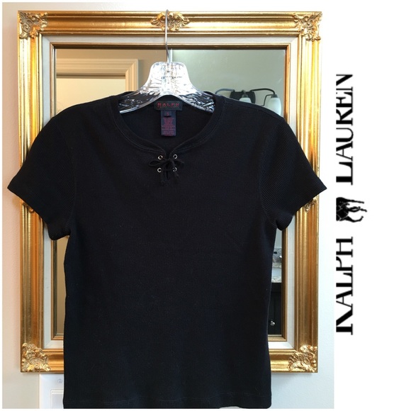 Ralph Lauren Classic Short Sleeve Black Lace Up Front Top - Picture 1 of 3