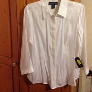 3/4 sleeve white shimmer button down shirt