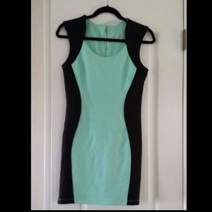 Mint-ish and black sleeveless dress.