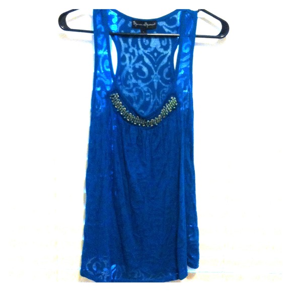 L blue mesh halter back with beading