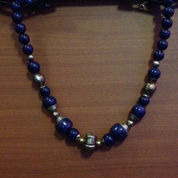 Gorgeous navy & silver beaded statement necklace