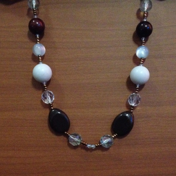 So pretty! Blues whites & browns beaded necklace