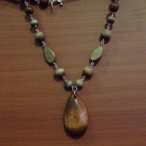 Brown & blues wooded beads statement necklace