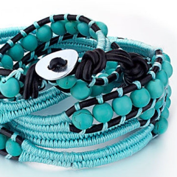 New turquoise gemstone & leather wrap bracelet NWT - Picture 2 of 4