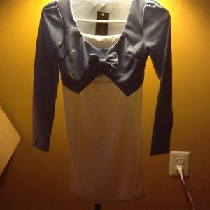 Cream dress with blue bolero top
