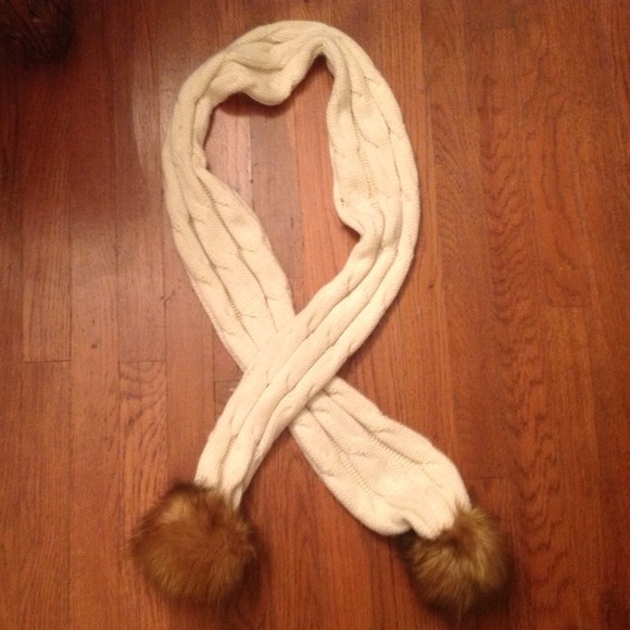 Sweater winter scarf with "fur" Pom Pom ends.