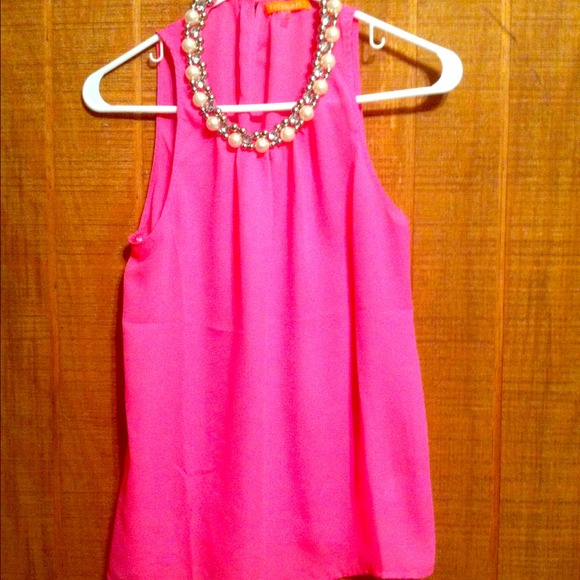 NEON PINK TOP WITH PEARL EMBELLISHMENTS