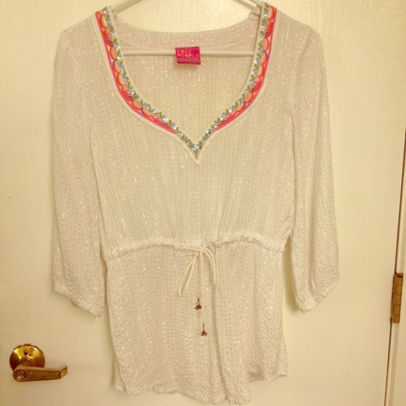 FP shimmery pink embellished 3 1/4 sleeve top