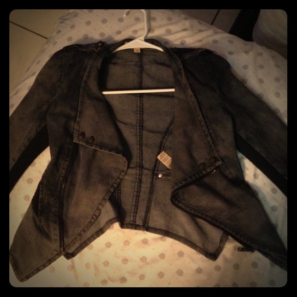 Grey denim and black fabric jacket