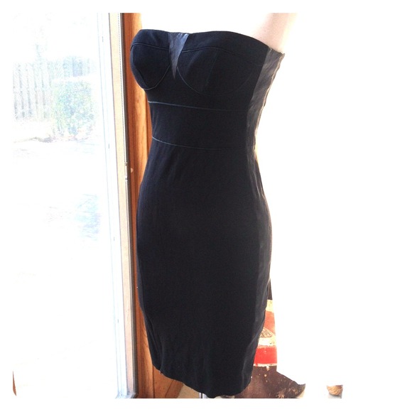 Bebe leather and stretch black strapless dress