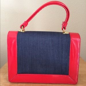 Vintage red patent leather and denim purse.