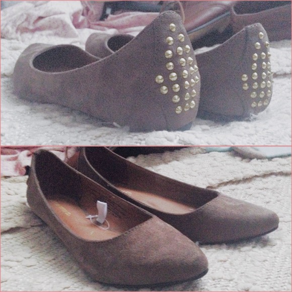 studded taupe pointed toe flats