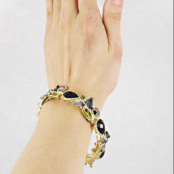 Gold black and silver leaf tear drop hinge bangle - Picture 2 of 3