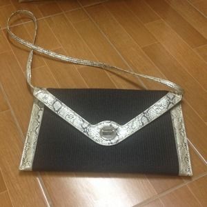Black straw and snake skin trim envelope clutch