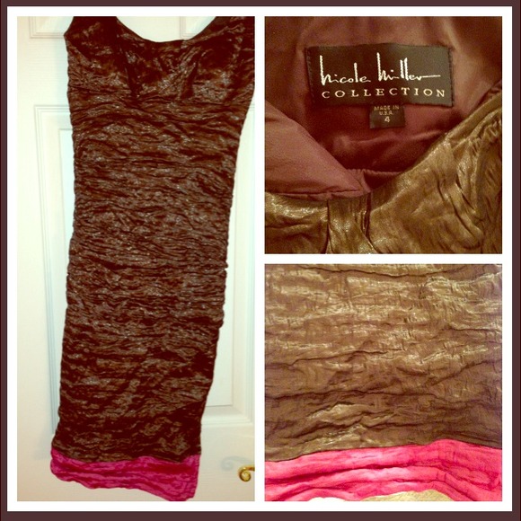 Nicole Miller Ruched Metallic Brown Midi Dress