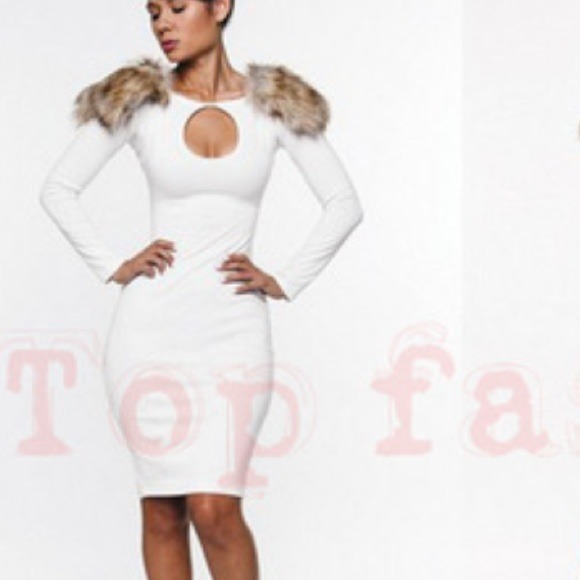 White Dress With Fur On The Shoulders