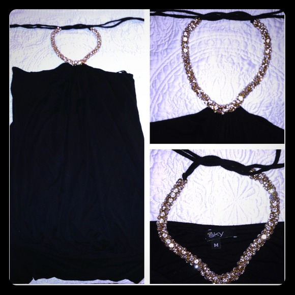 Sky black RHINESTONE JEWLED HALTER NYE dress! ✨