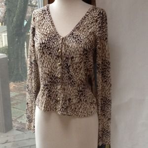 Graphic feather brown cream gold cardigan sweater