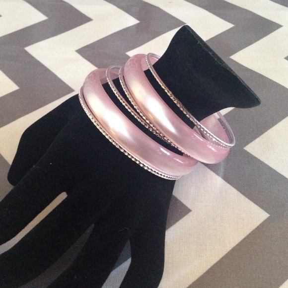 6 piece rose pink and metal bangle bracelet set
