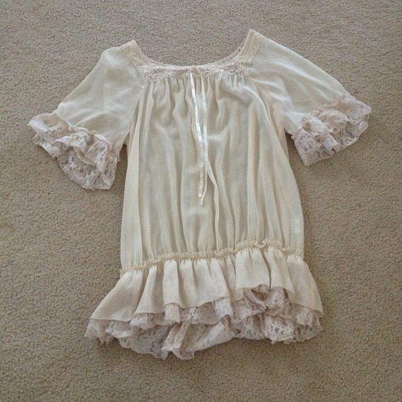 ***SOLD in bundle.** Sheer lace trimmed blouse