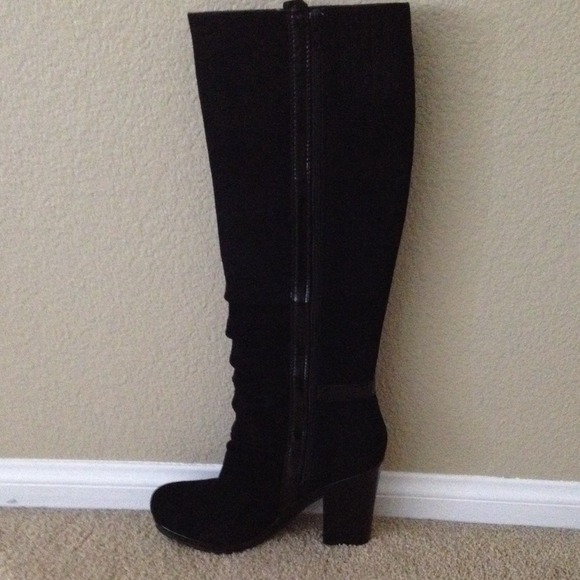 Black Suede knee high boots with patent strip