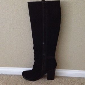Black Suede knee high boots with patent strip