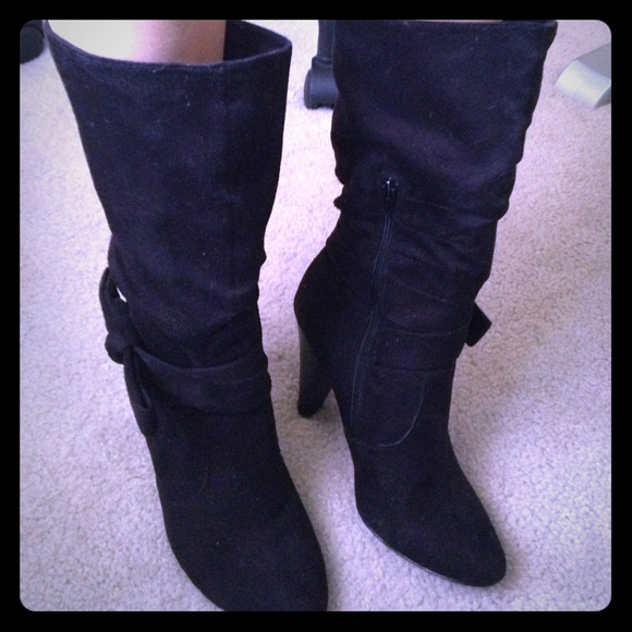 Bakers black suede heel boots with a bow