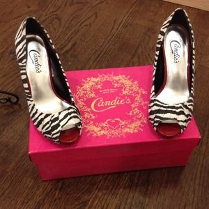 Candie's zebra and red peep toe heels