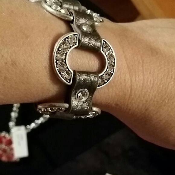 Bracelet silver and leather with rhinestones